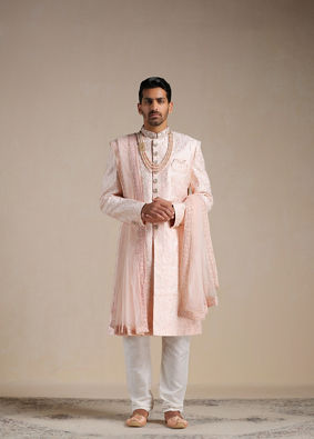 alt message - Manyavar Men Cherry Blossom Pink Floral Patterned Sherwani Set image number 2